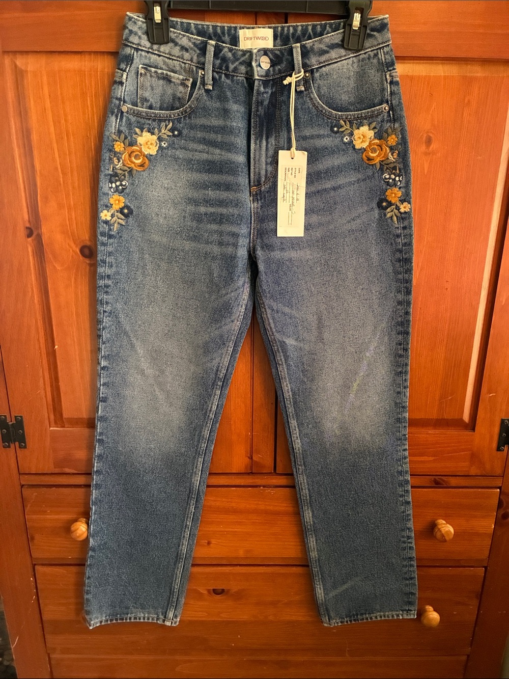 DRIFTWOOD Blue High-Rise Jeans with Gold Floral Embroidery